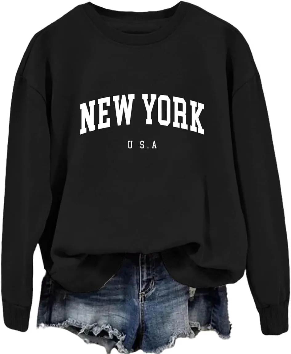 New York U.S.A Sweatshirt Retro Vintage Country Sweatshirt Preppy Style Shirts Women Crewneck Graphic Pullover Tops