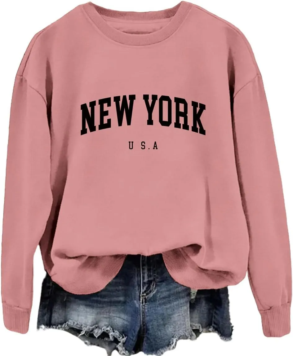 New York U.S.A Sweatshirt Retro Vintage Country Sweatshirt Preppy Style Shirts Women Crewneck Graphic Pullover Tops