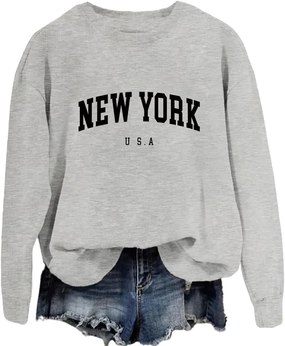 New York U.S.A Sweatshirt Retro Vintage Country Sweatshirt Preppy Style Shirts Women Crewneck Graphic Pullover Tops