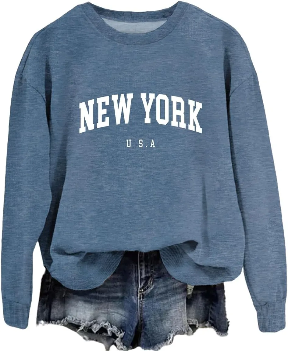 New York U.S.A Sweatshirt Retro Vintage Country Sweatshirt Preppy Style Shirts Women Crewneck Graphic Pullover Tops