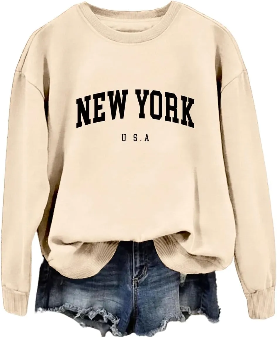 New York U.S.A Sweatshirt Retro Vintage Country Sweatshirt Preppy Style Shirts Women Crewneck Graphic Pullover Tops