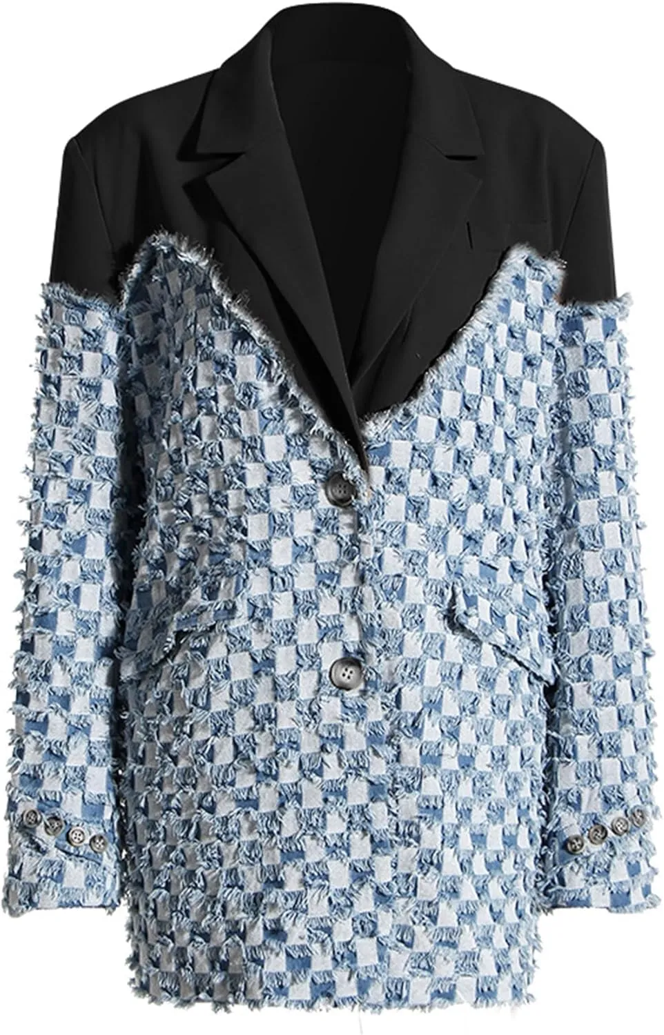 NRTHYE Women Denim Oversized Blazer Casual Plaid Color Block Patchwork Fringe Lapel Jean Suit Jackets
