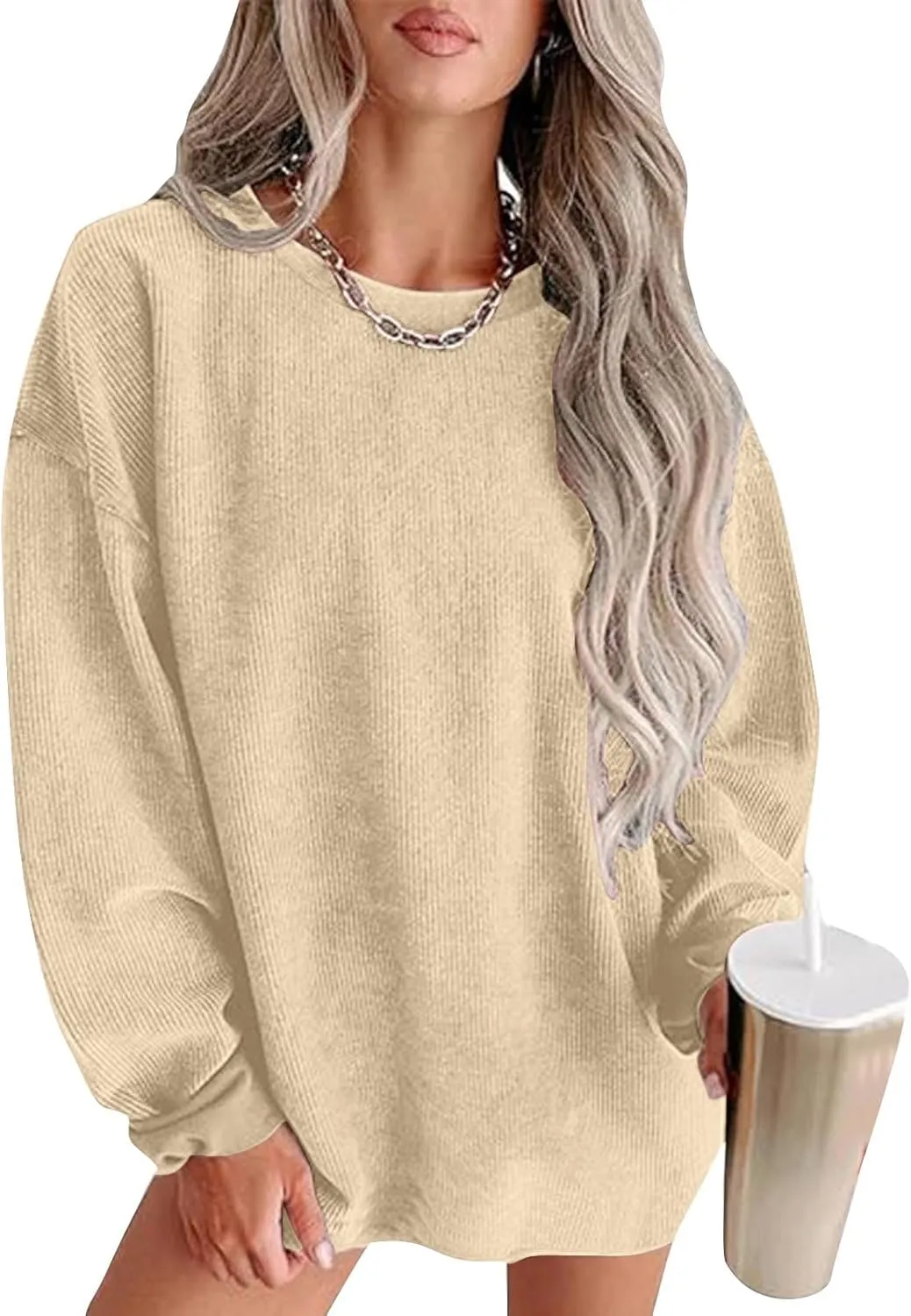 Oversized Crew Neck Sweatshirt Women 2024 Casual Loose Long Sleeve Corduroy Pullover Tops Fall Fashion Outfits Trendy