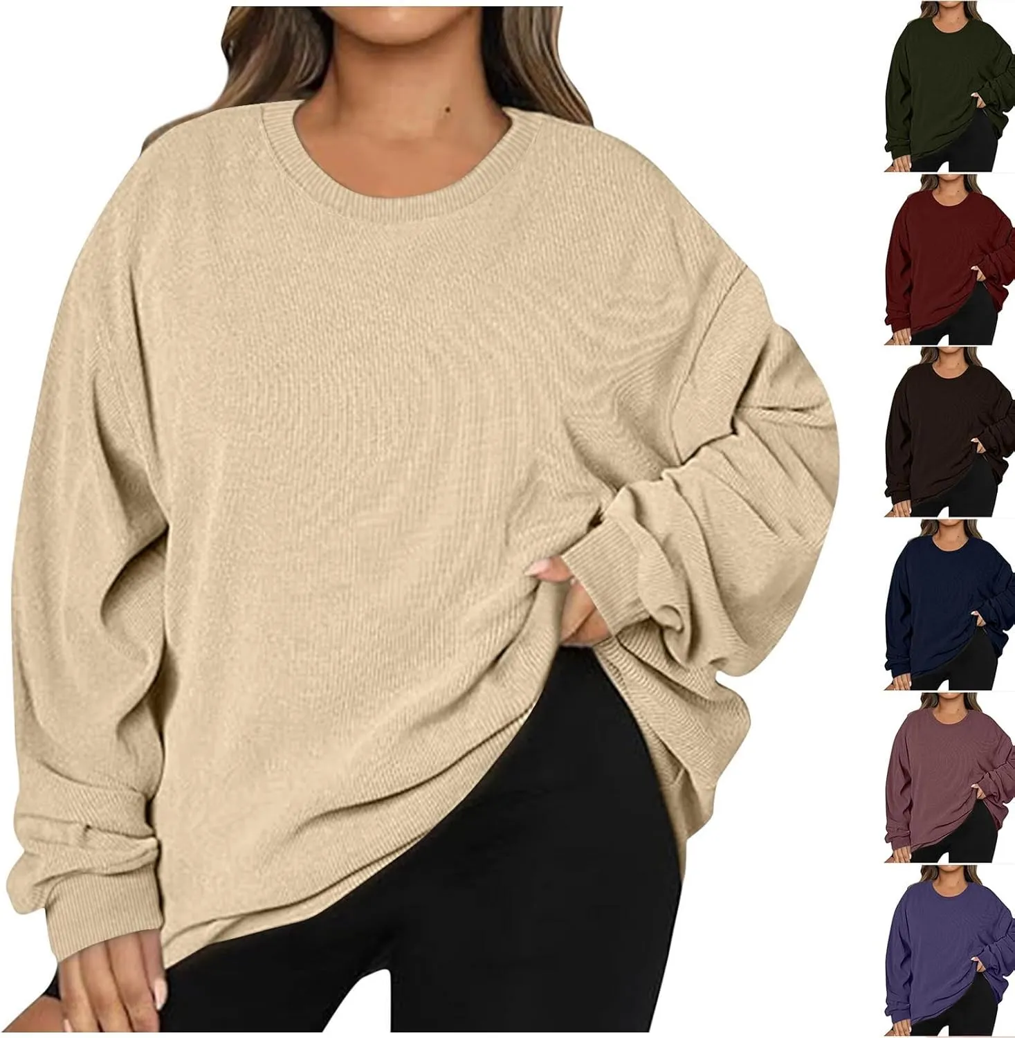 Oversized Crew Neck Sweatshirt Women 2024 Casual Loose Long Sleeve Corduroy Pullover Tops Fall Fashion Outfits Trendy