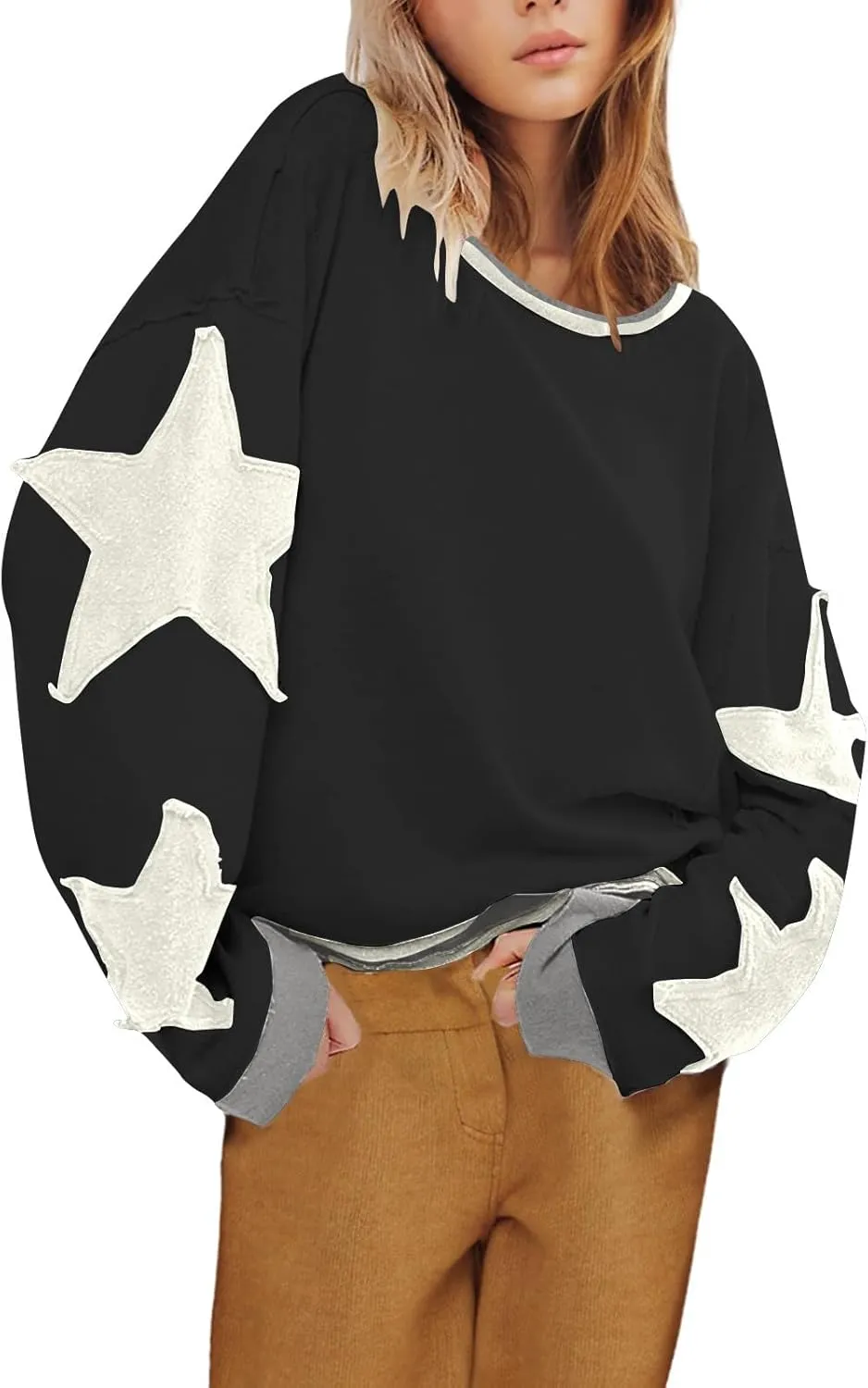 Oversized Star Sweatshirts For Women Fall Fashion 2024 Graphic Long Sleeve Crewneck Drop Shoulder Pullover Tops