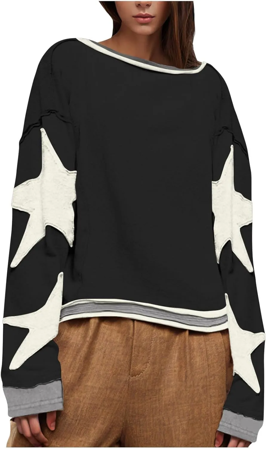 Oversized Star Sweatshirts For Women Fall Fashion 2024 Graphic Long Sleeve Crewneck Drop Shoulder Pullover Tops