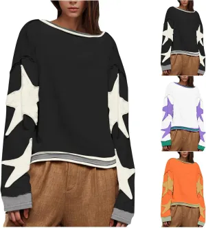 Oversized Star Sweatshirts For Women Fall Fashion 2024 Graphic Long Sleeve Crewneck Drop Shoulder Pullover Tops