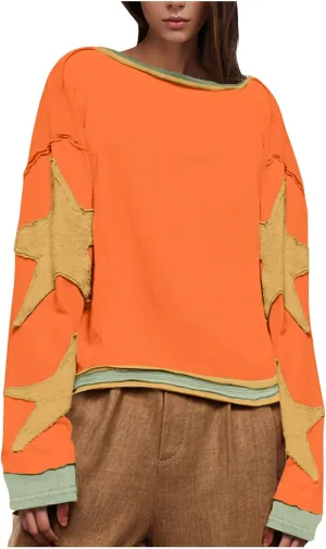 Oversized Star Sweatshirts For Women Fall Fashion 2024 Graphic Long Sleeve Crewneck Drop Shoulder Pullover Tops