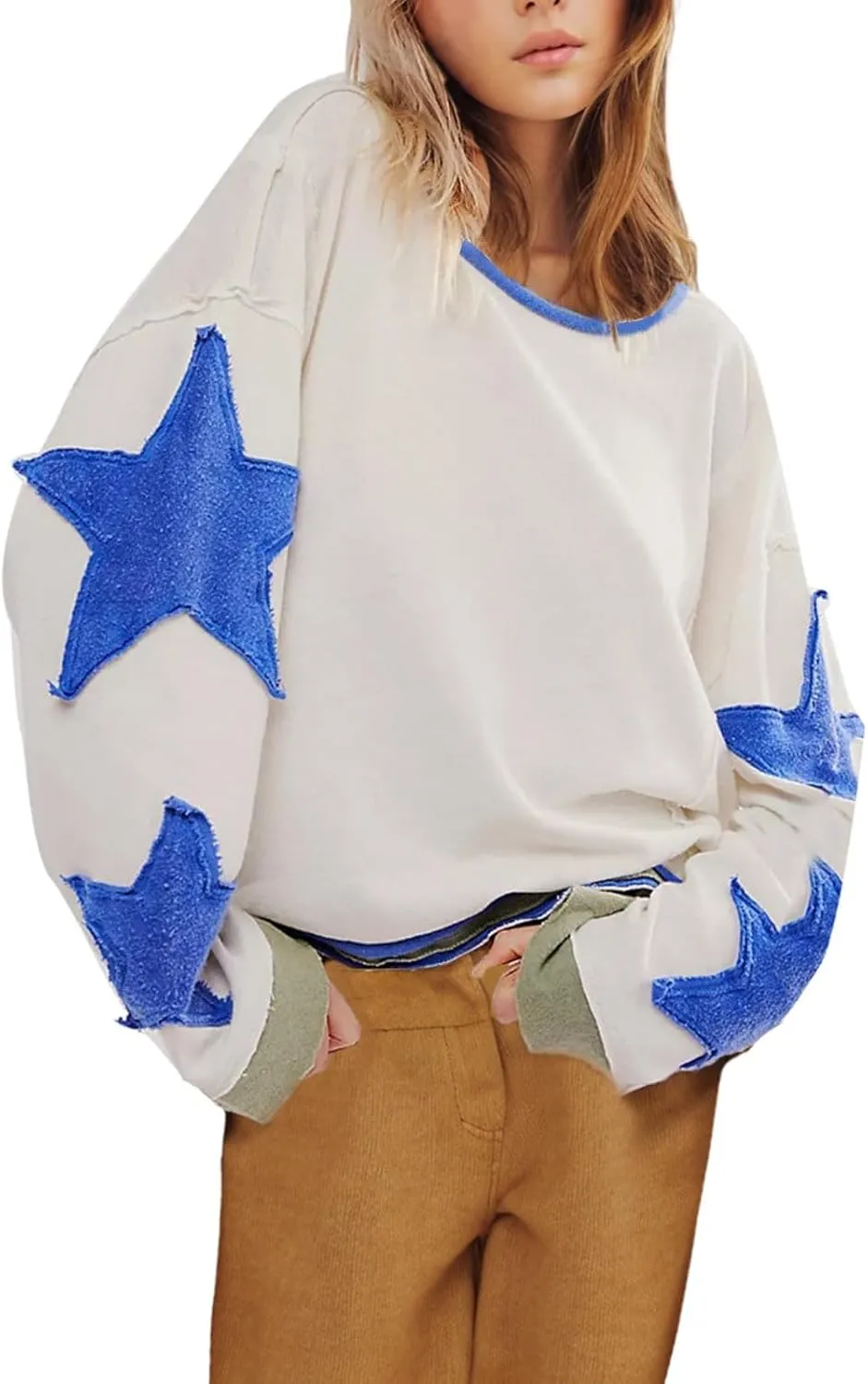 Oversized Star Sweatshirts For Women Fall Fashion 2024 Graphic Long Sleeve Crewneck Drop Shoulder Pullover Tops
