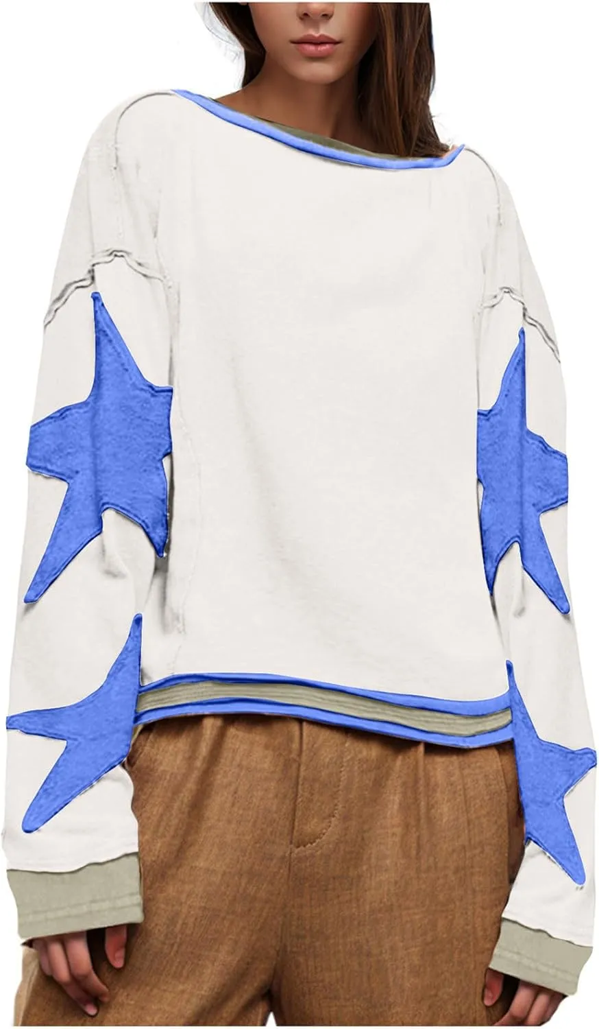 Oversized Star Sweatshirts For Women Fall Fashion 2024 Graphic Long Sleeve Crewneck Drop Shoulder Pullover Tops