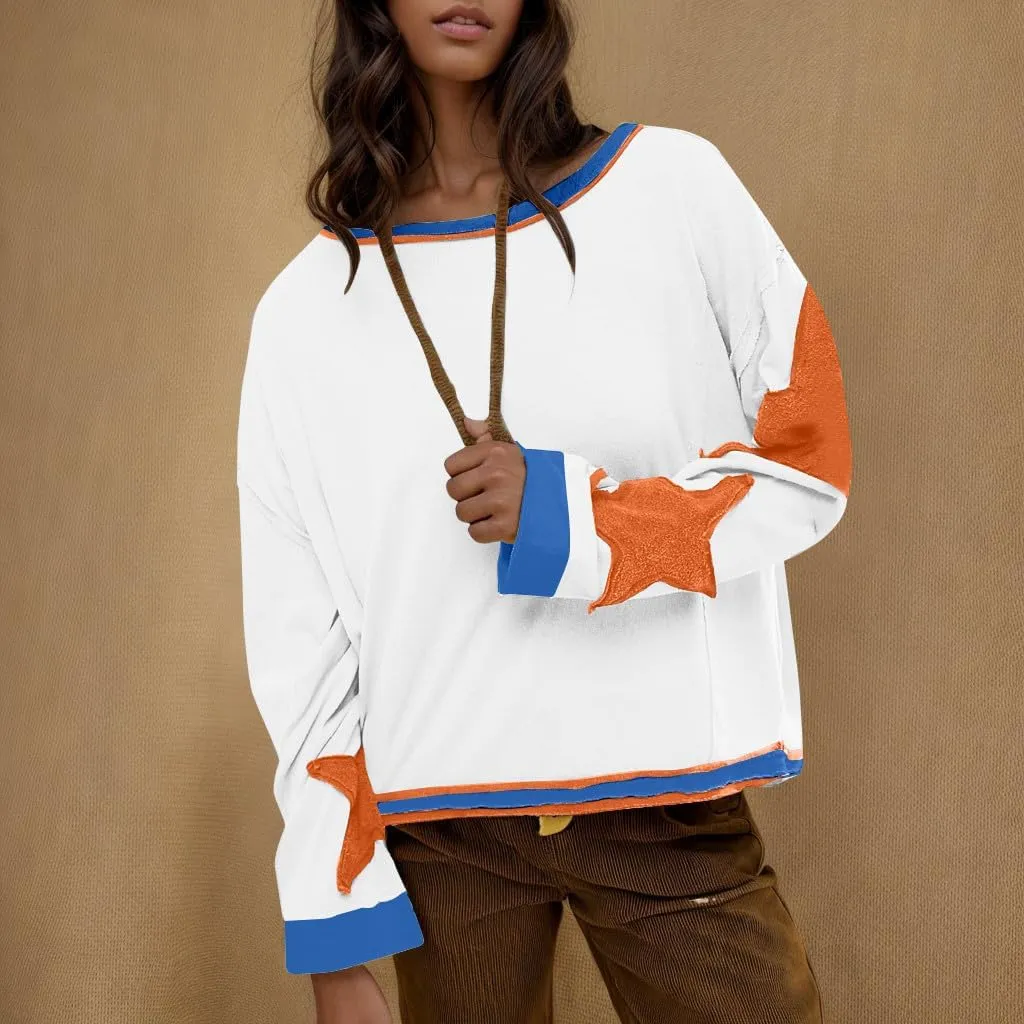 Oversized Star Sweatshirts For Women Fall Fashion 2024 Graphic Long Sleeve Crewneck Drop Shoulder Pullover Tops