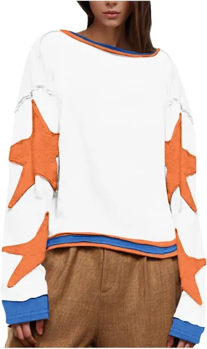 Oversized Star Sweatshirts For Women Fall Fashion 2024 Graphic Long Sleeve Crewneck Drop Shoulder Pullover Tops