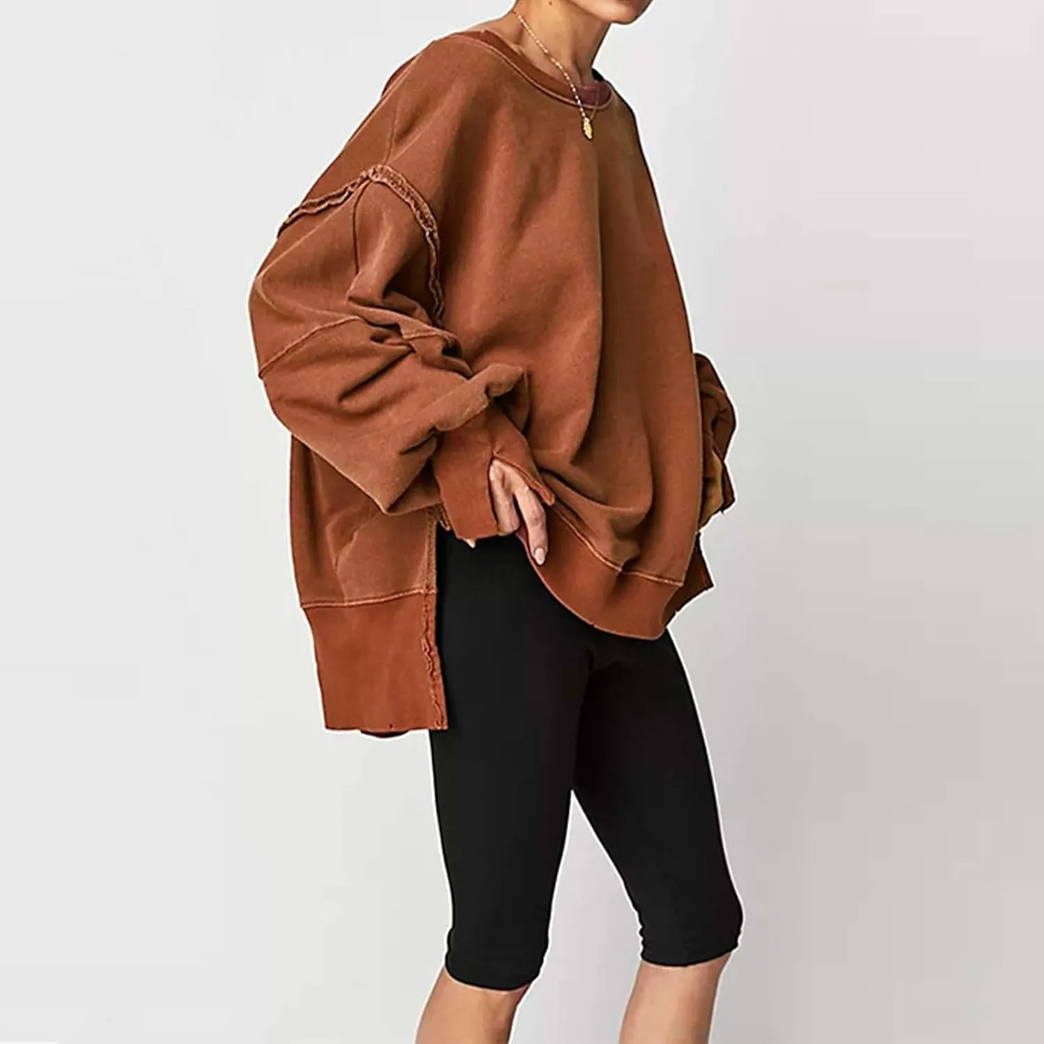 Oversized Sweatshirt for Women Side Slit Long Sleeve Pullover 2024 Fall Slouchy Fit Tops Y2K Preppy Solid Color Outfit