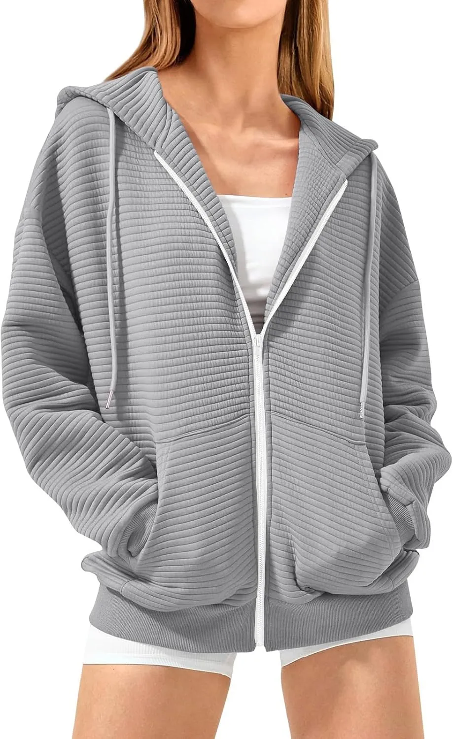 Oversized Zip Up Hoodie Women Long Sleeve Hooded Preppy Sweatshirts with Pockets Casual Jacket Y2k Fall Outfits 2024