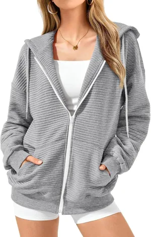 Oversized Zip Up Hoodie Women Long Sleeve Hooded Preppy Sweatshirts with Pockets Casual Jacket Y2k Fall Outfits 2024