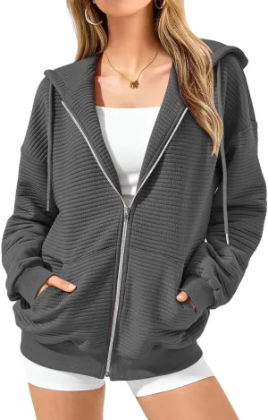 Oversized Zip Up Hoodie Women Long Sleeve Hooded Preppy Sweatshirts with Pockets Casual Jacket Y2k Fall Outfits 2024