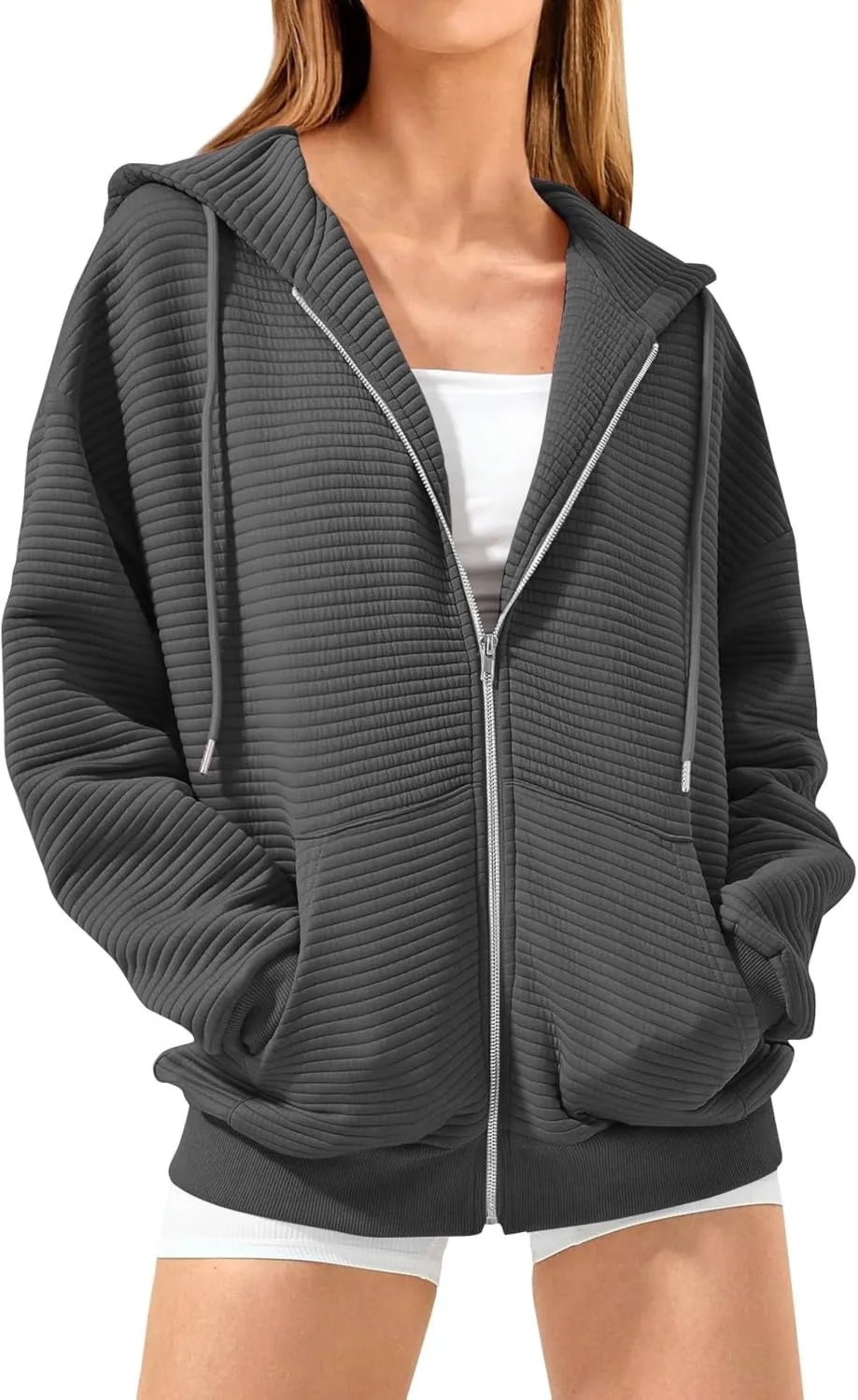 Oversized Zip Up Hoodie Women Long Sleeve Hooded Preppy Sweatshirts with Pockets Casual Jacket Y2k Fall Outfits 2024