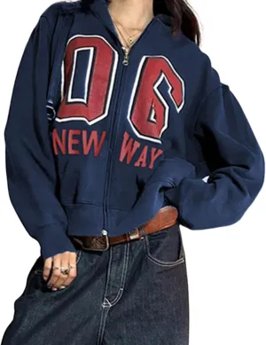 Oversized Zip Up Hoodie Women Number 06 Graphic Hooded Sweatshirt Y2k Jacket Streetwear for Fall Winter 2024