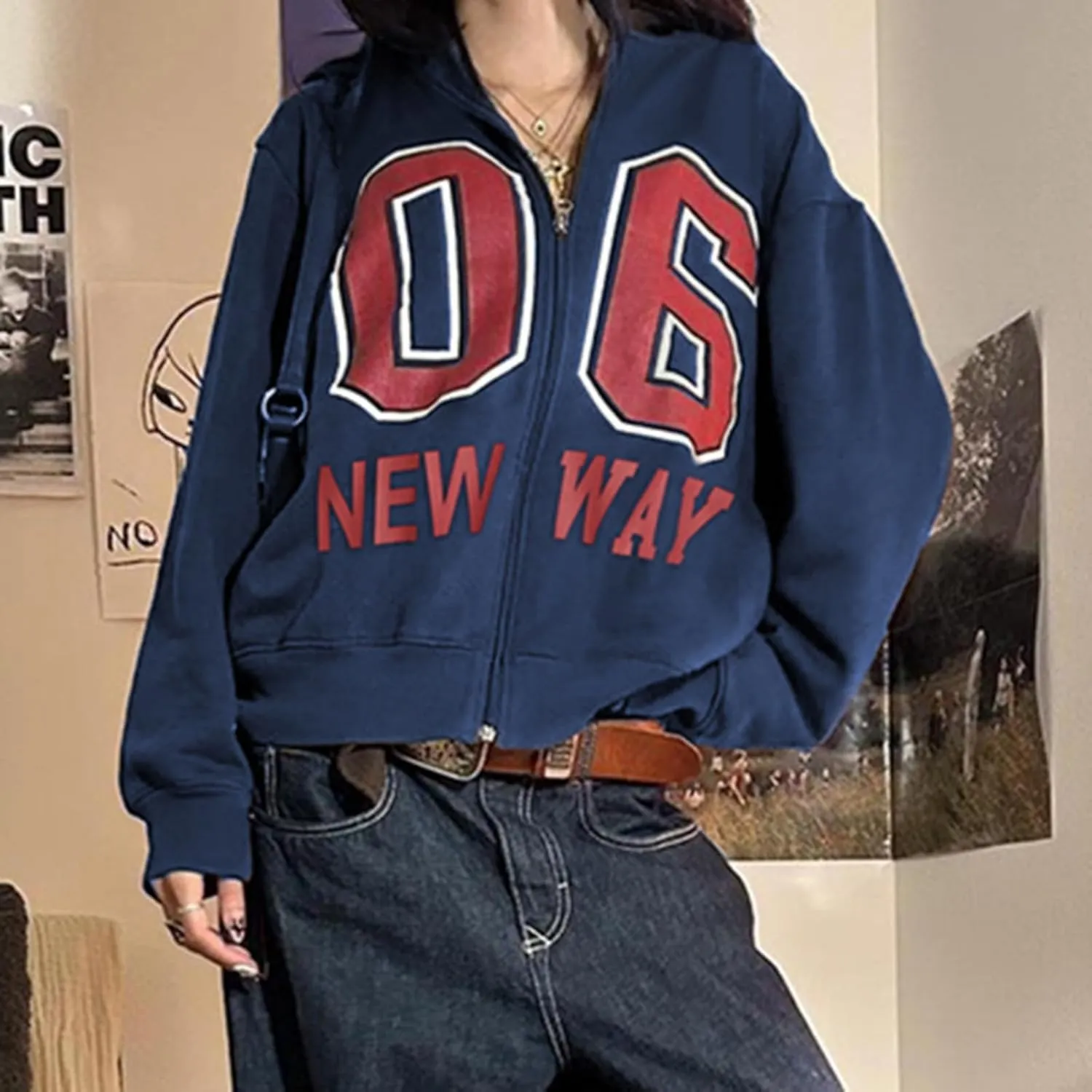 Oversized Zip Up Hoodie Women Number 06 Graphic Hooded Sweatshirt Y2k Jacket Streetwear for Fall Winter 2024