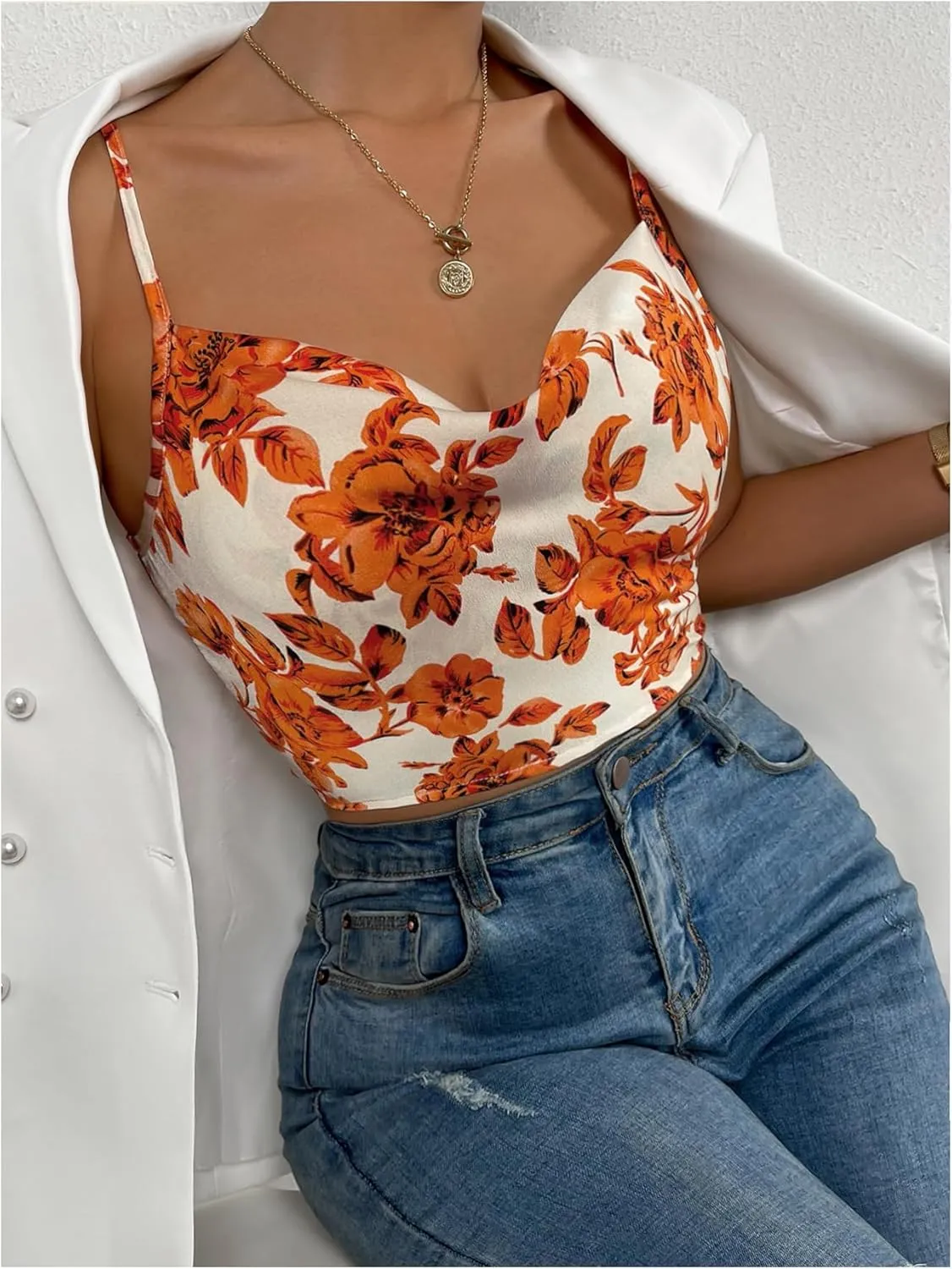 OYOANGLE Women's Floral Print Cowl Neck Crop Camisoles Draped Spaghetti Strap Backless Tank Tops
