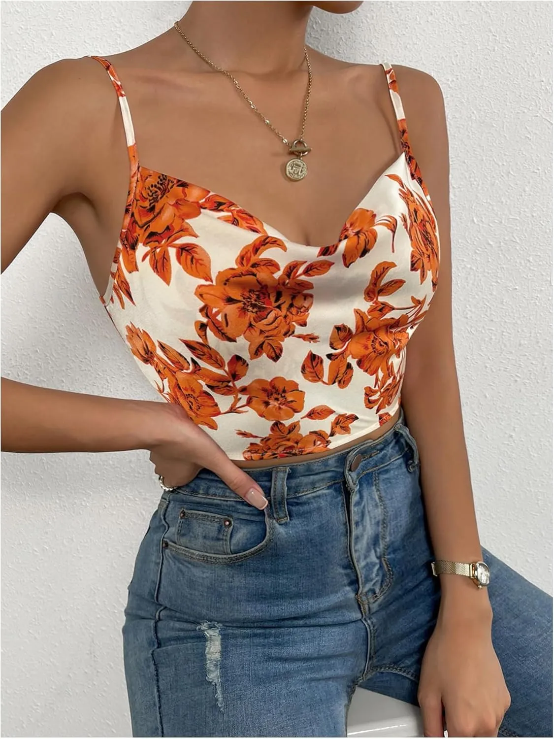 OYOANGLE Women's Floral Print Cowl Neck Crop Camisoles Draped Spaghetti Strap Backless Tank Tops