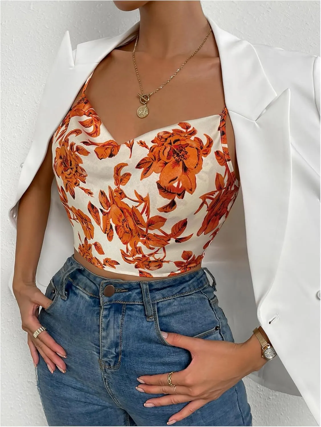 OYOANGLE Women's Floral Print Cowl Neck Crop Camisoles Draped Spaghetti Strap Backless Tank Tops