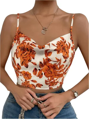 OYOANGLE Women's Floral Print Cowl Neck Crop Camisoles Draped Spaghetti Strap Backless Tank Tops