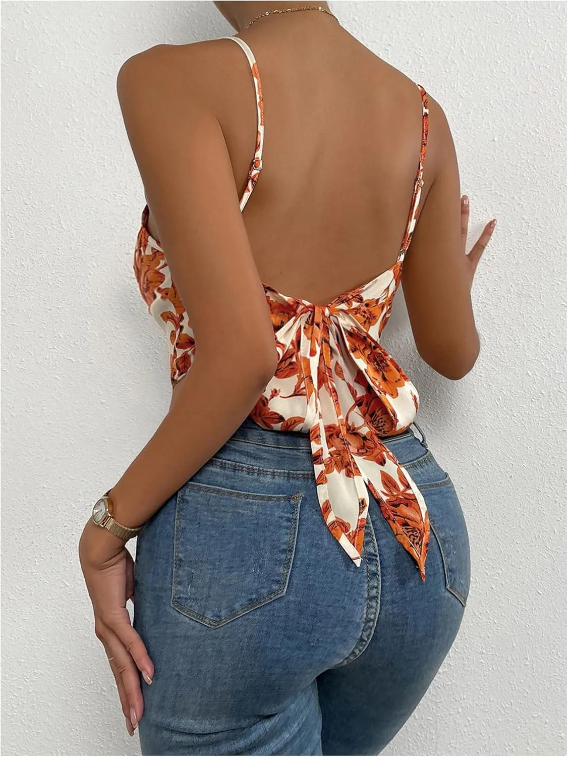 OYOANGLE Women's Floral Print Cowl Neck Crop Camisoles Draped Spaghetti Strap Backless Tank Tops