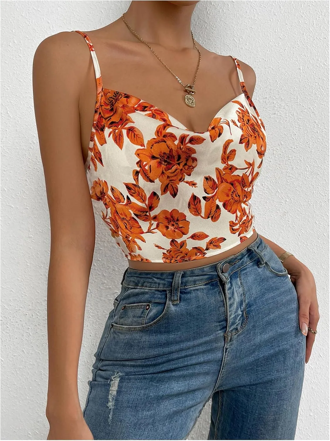 OYOANGLE Women's Floral Print Cowl Neck Crop Camisoles Draped Spaghetti Strap Backless Tank Tops