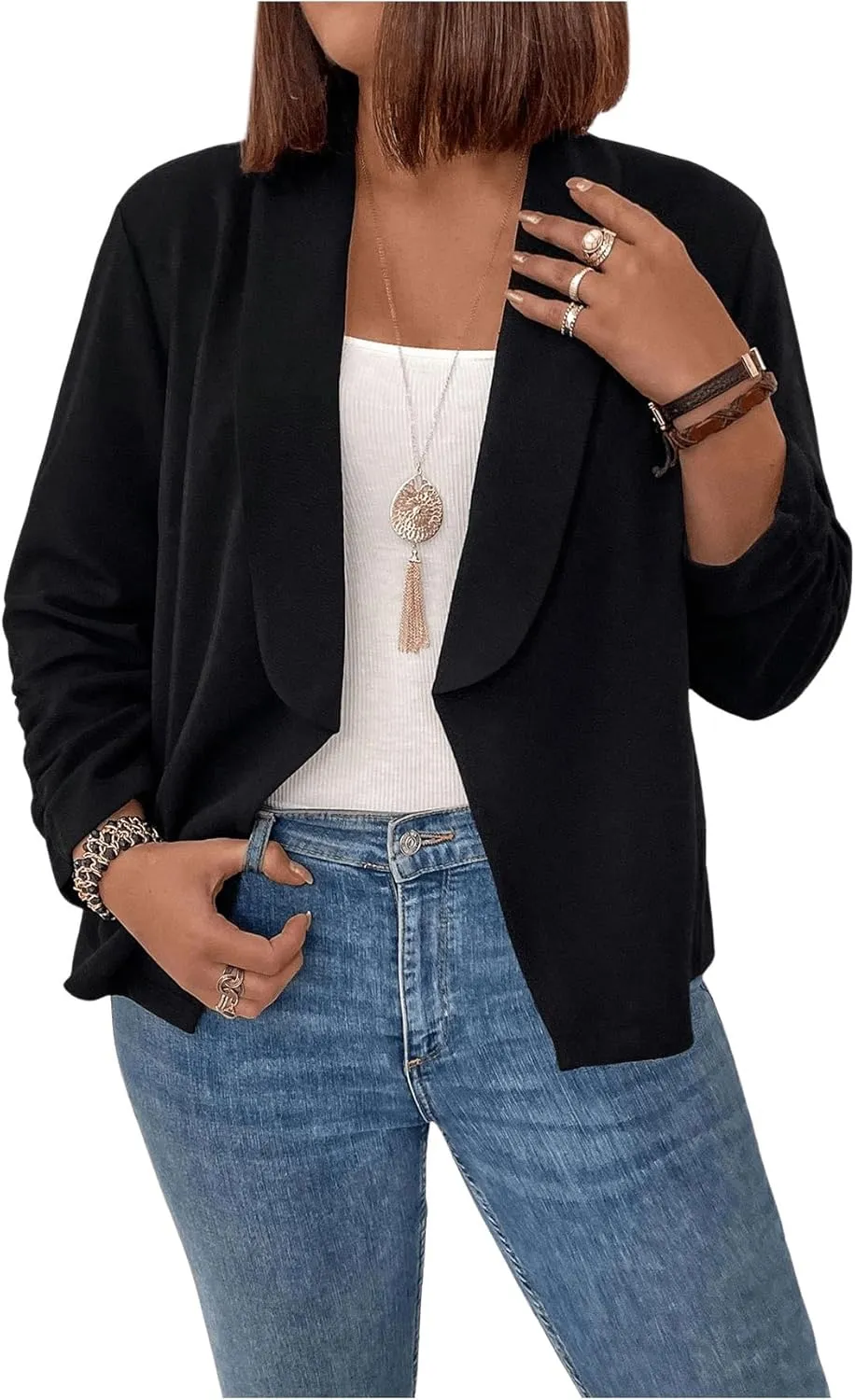 OYOANGLE Women's Plus Size Long Sleeve Shawl Collared Business Suit Jacket Work Office Blazers