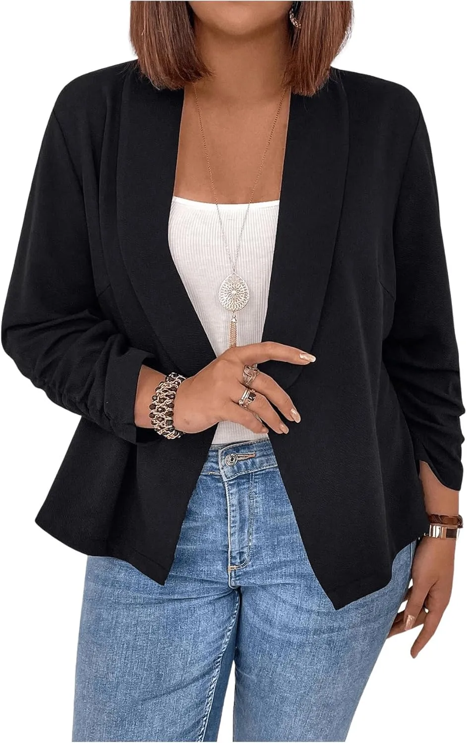 OYOANGLE Women's Plus Size Long Sleeve Shawl Collared Business Suit Jacket Work Office Blazers