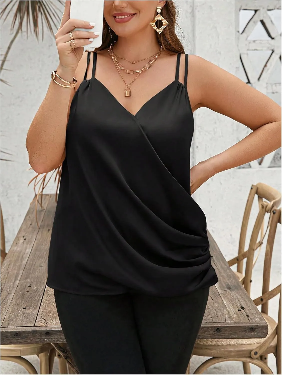 OYOANGLE Women's Plus Size Satin Wrap V Neck Ruched Cami Tops Spaghetti Strap Tank Tops Camisole