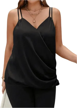 OYOANGLE Women's Plus Size Satin Wrap V Neck Ruched Cami Tops Spaghetti Strap Tank Tops Camisole