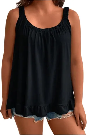 OYOANGLE Women's Plus Size Scoop Neck Ruched Tank Tops Pleated Camisole Sleeveless Ruffle Flowy Top