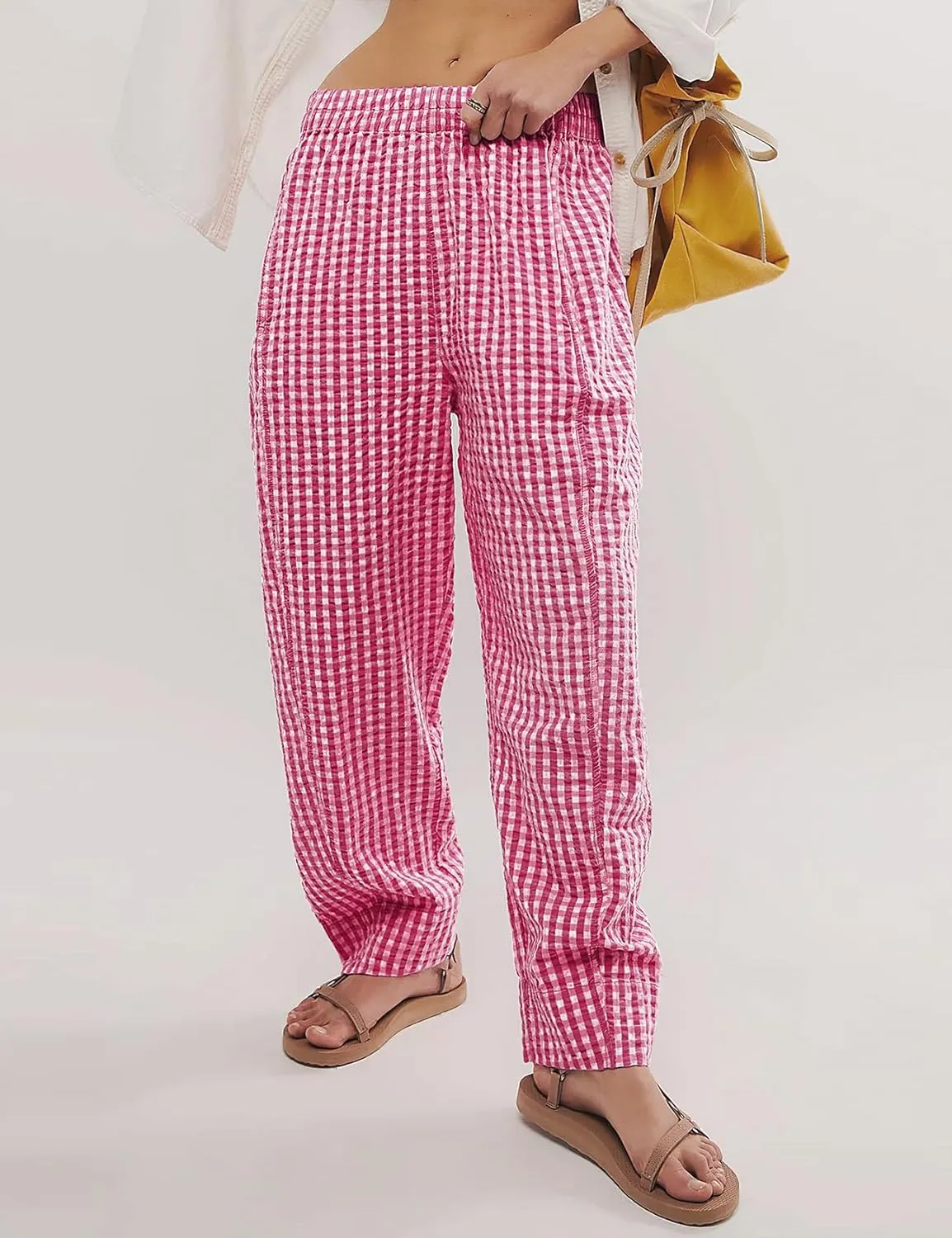 PEHMEA Women's Gingham Lounge Pants with Pockets, Wide Leg Pajama Elastic Waist Casual Loose Fit Checkered Long Trousers