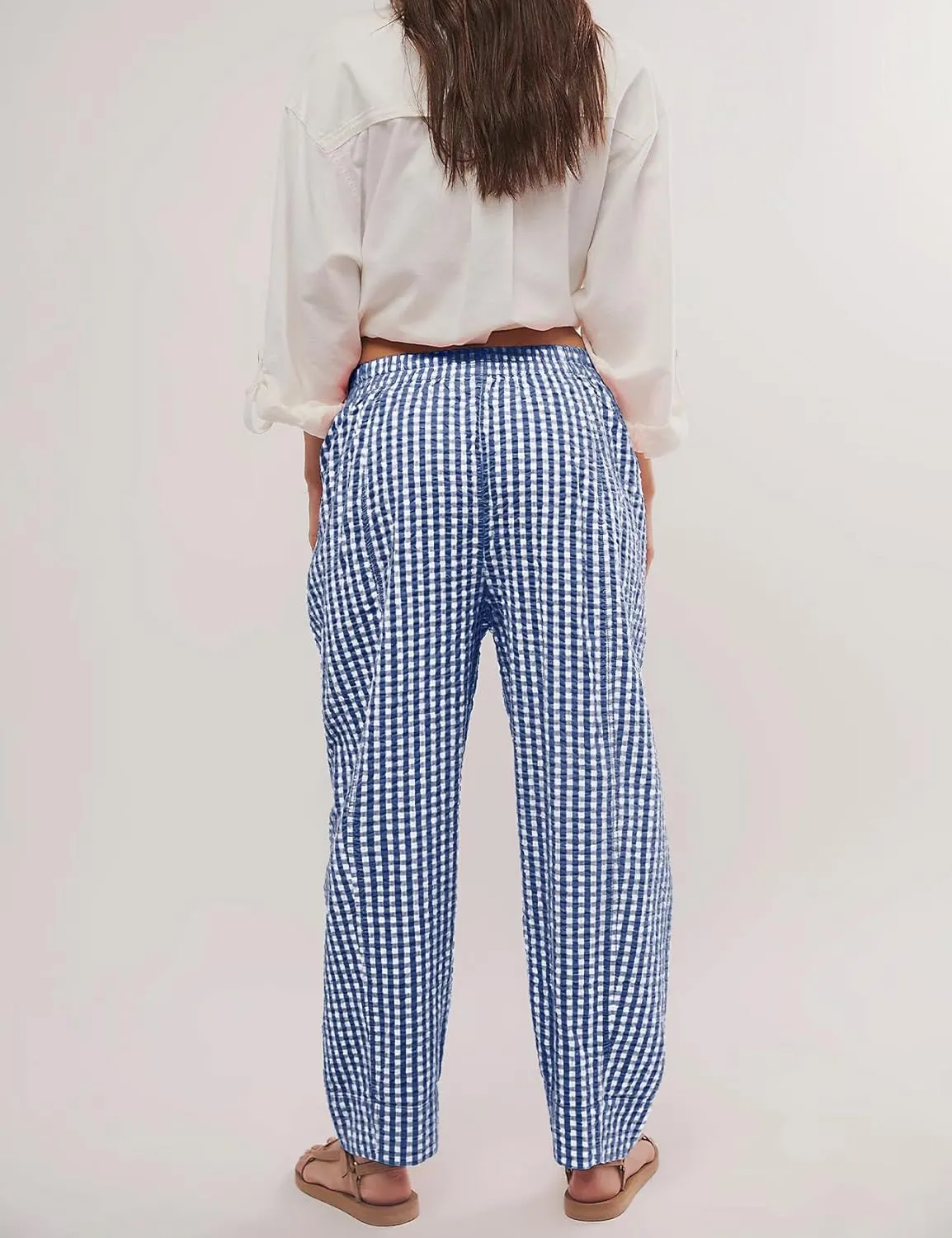 PEHMEA Women's Gingham Lounge Pants with Pockets, Wide Leg Pajama Elastic Waist Casual Loose Fit Checkered Long Trousers