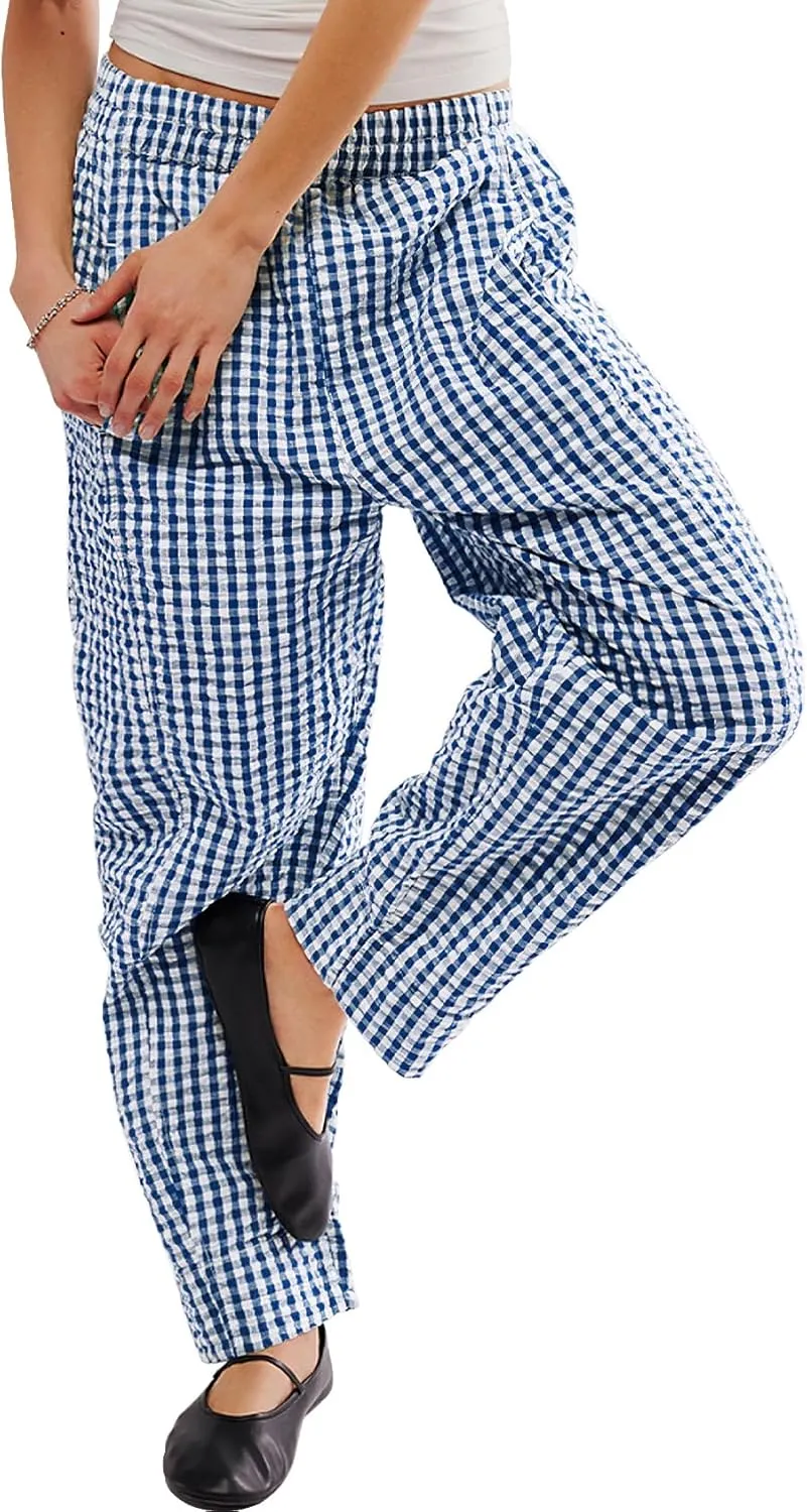 PEHMEA Women's Gingham Lounge Pants with Pockets, Wide Leg Pajama Elastic Waist Casual Loose Fit Checkered Long Trousers