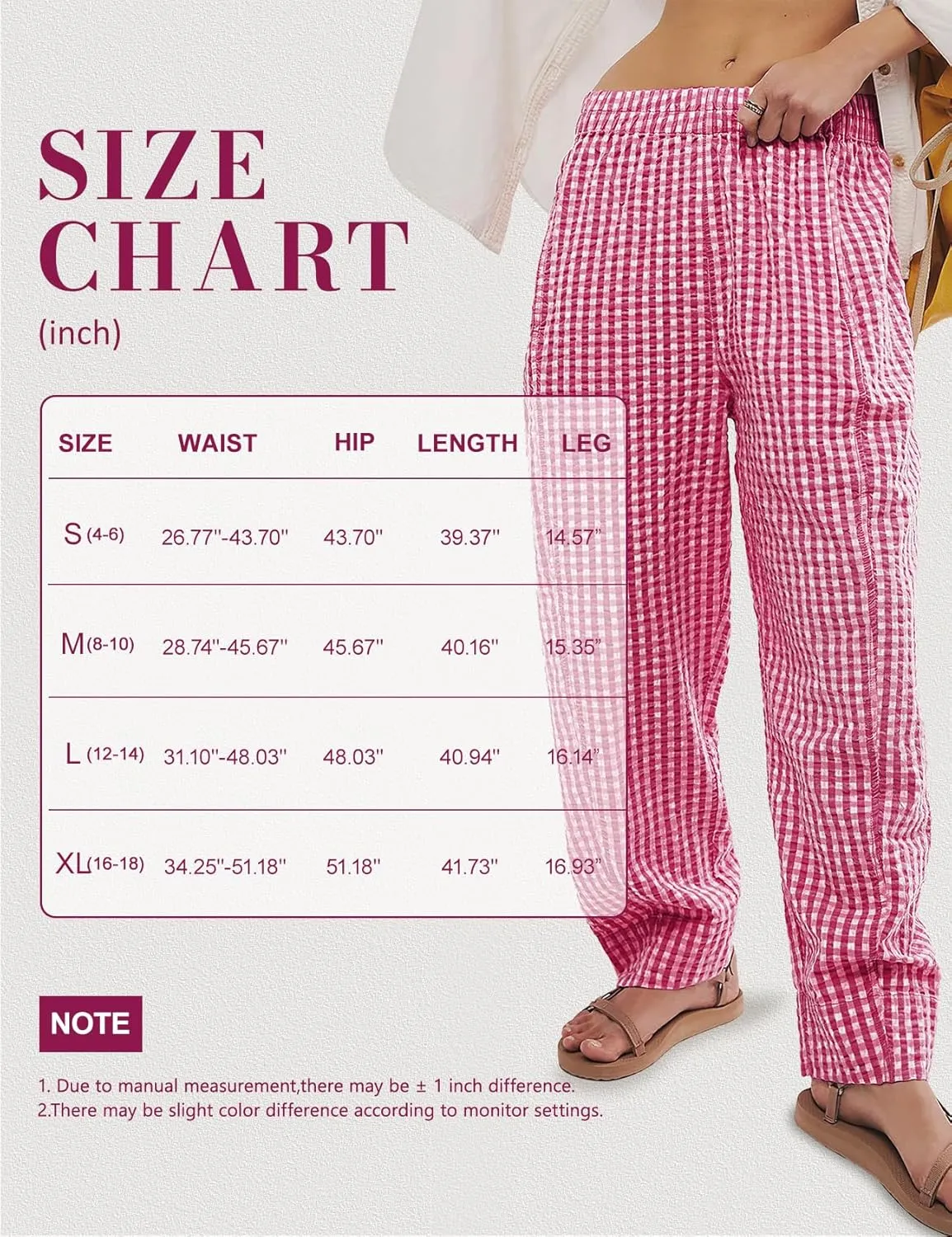 PEHMEA Women's Gingham Lounge Pants with Pockets, Wide Leg Pajama Elastic Waist Casual Loose Fit Checkered Long Trousers