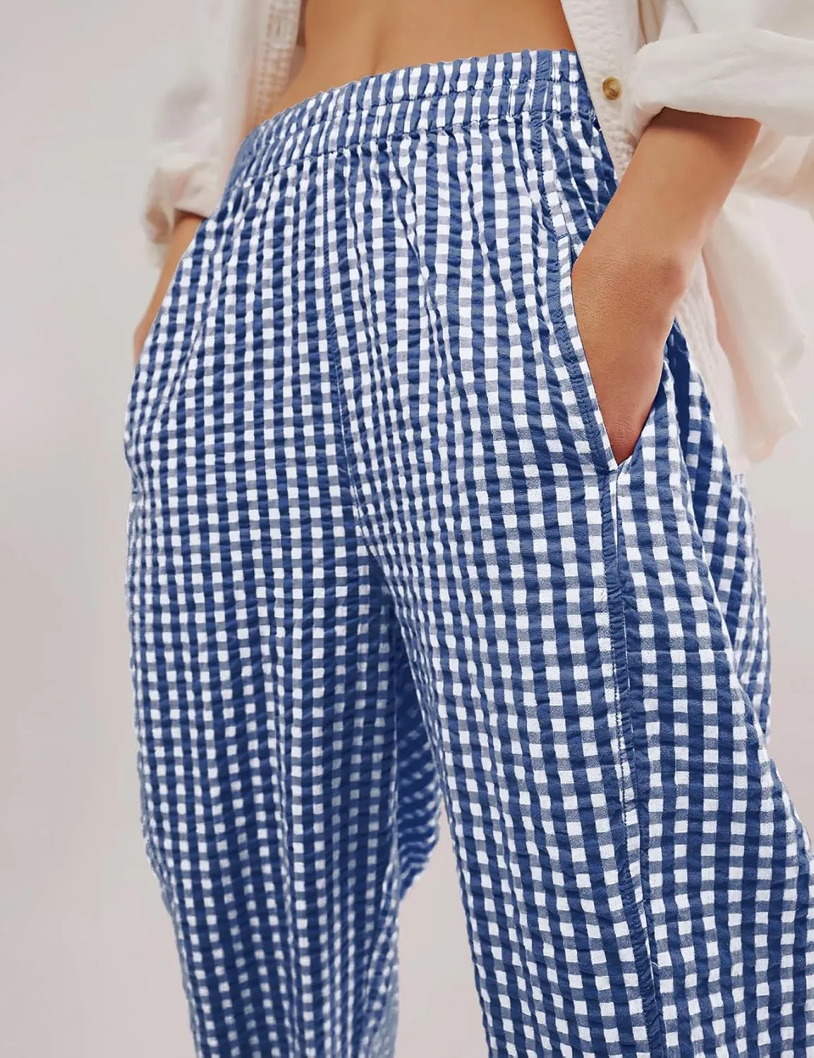 PEHMEA Women's Gingham Lounge Pants with Pockets, Wide Leg Pajama Elastic Waist Casual Loose Fit Checkered Long Trousers