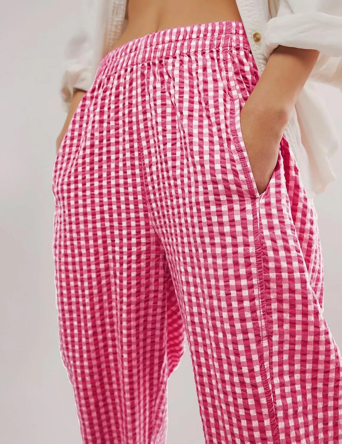 PEHMEA Women's Gingham Lounge Pants with Pockets, Wide Leg Pajama Elastic Waist Casual Loose Fit Checkered Long Trousers