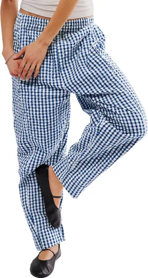 PEHMEA Women's Gingham Lounge Pants with Pockets, Wide Leg Pajama Elastic Waist Casual Loose Fit Checkered Long Trousers