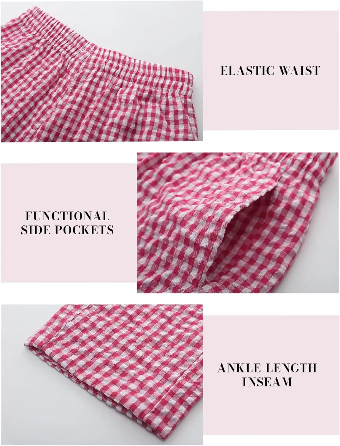 PEHMEA Women's Gingham Lounge Pants with Pockets, Wide Leg Pajama Elastic Waist Casual Loose Fit Checkered Long Trousers