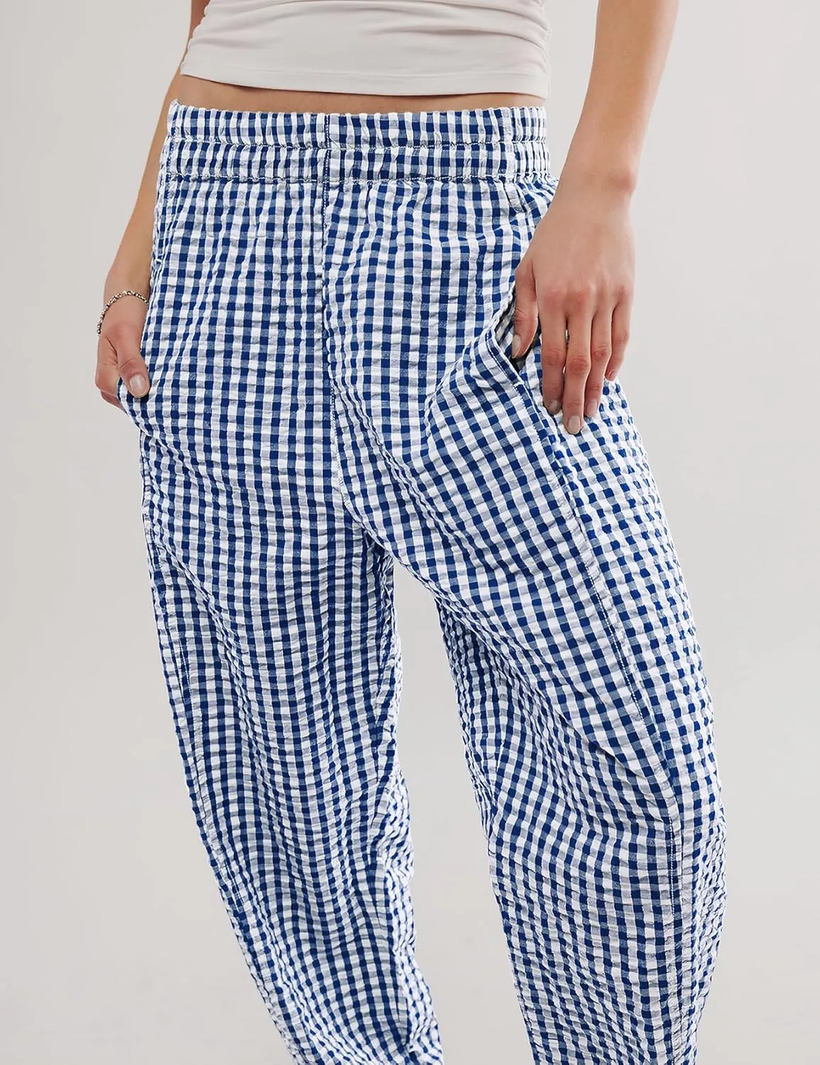 PEHMEA Women's Gingham Lounge Pants with Pockets, Wide Leg Pajama Elastic Waist Casual Loose Fit Checkered Long Trousers