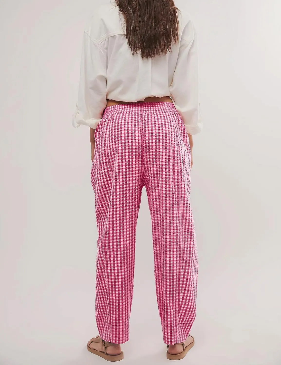 PEHMEA Women's Gingham Lounge Pants with Pockets, Wide Leg Pajama Elastic Waist Casual Loose Fit Checkered Long Trousers