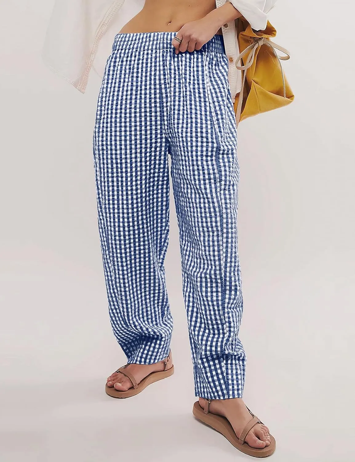 PEHMEA Women's Gingham Lounge Pants with Pockets, Wide Leg Pajama Elastic Waist Casual Loose Fit Checkered Long Trousers