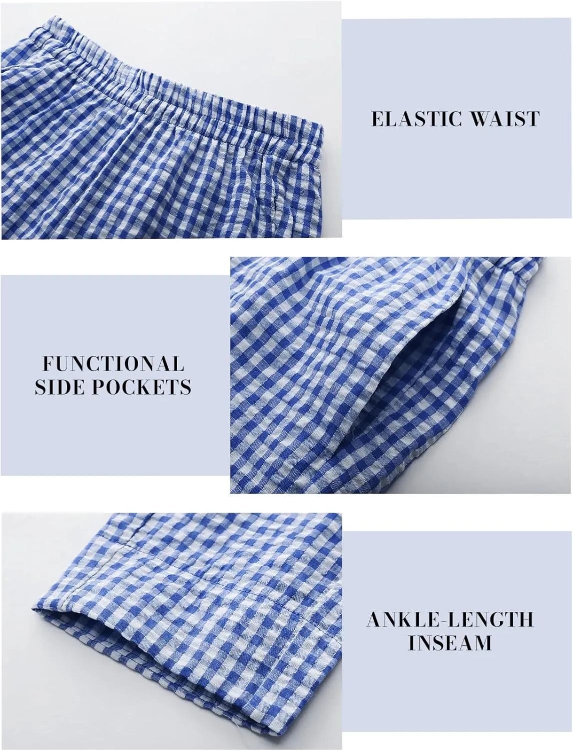 PEHMEA Women's Gingham Lounge Pants with Pockets, Wide Leg Pajama Elastic Waist Casual Loose Fit Checkered Long Trousers