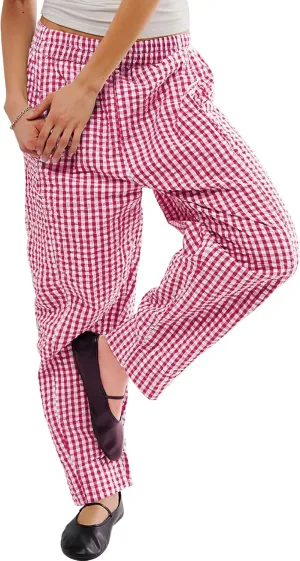 PEHMEA Women's Gingham Lounge Pants with Pockets, Wide Leg Pajama Elastic Waist Casual Loose Fit Checkered Long Trousers