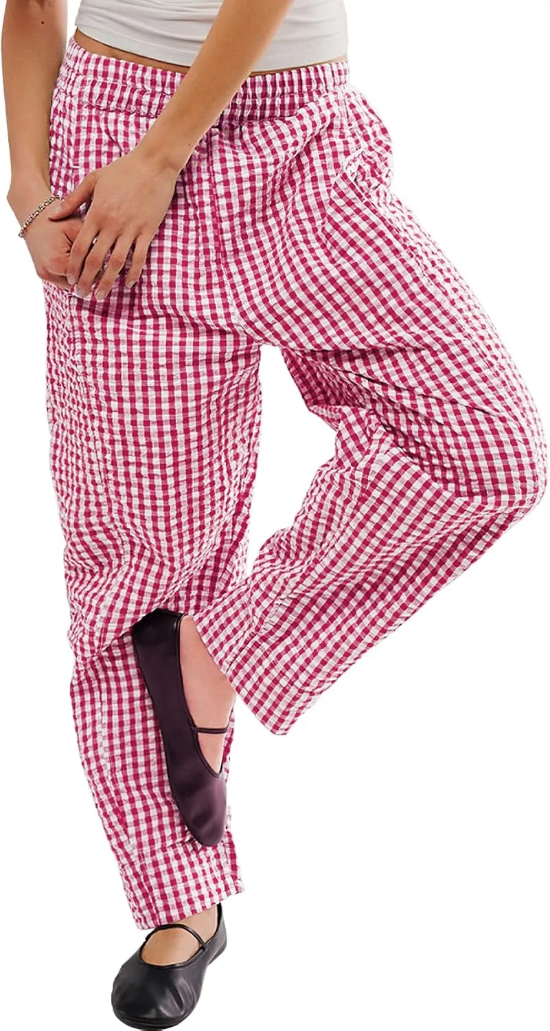 PEHMEA Women's Gingham Lounge Pants with Pockets, Wide Leg Pajama Elastic Waist Casual Loose Fit Checkered Long Trousers