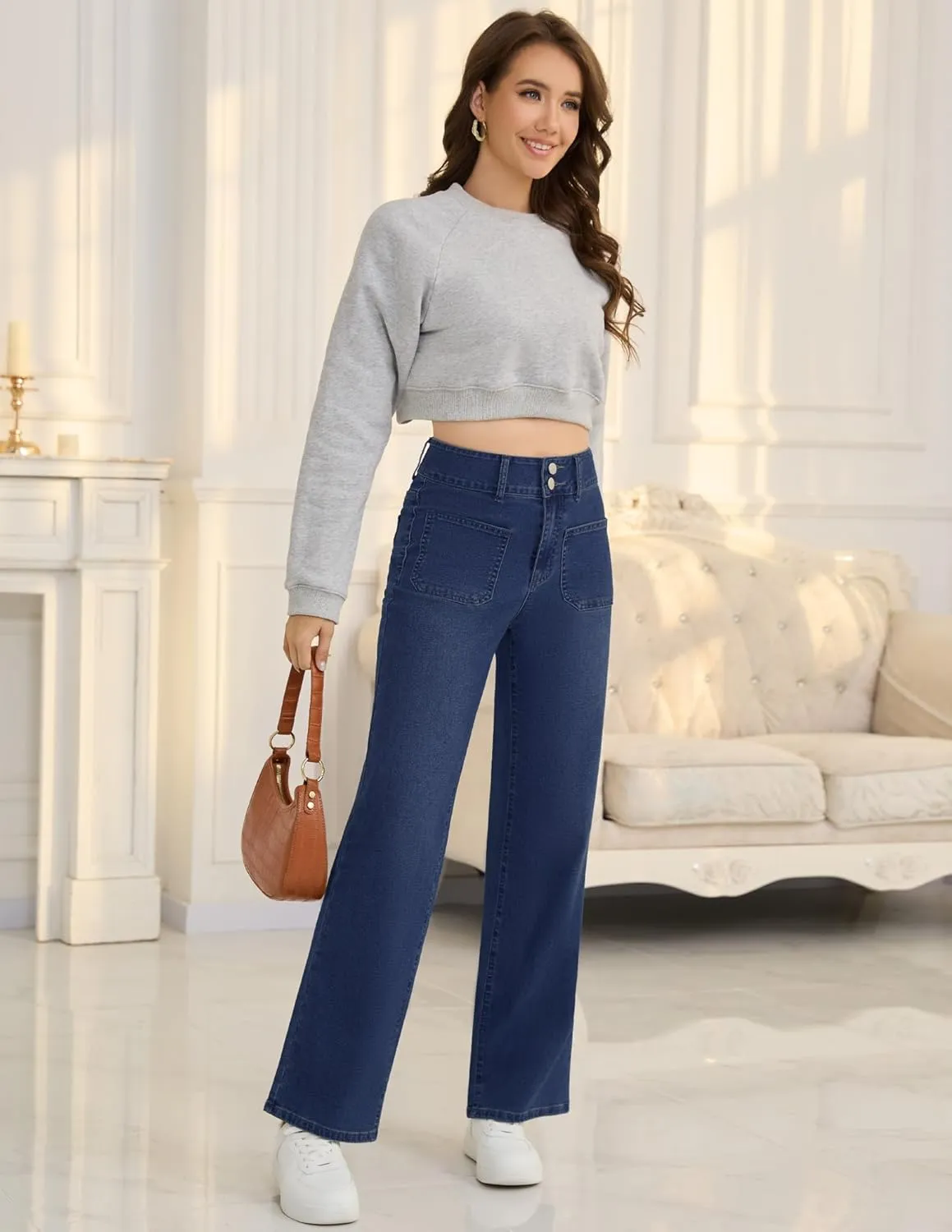 POSHGLAM Wide Leg Jeans for Women Stretchy Straight Denim Pants with 4 Patch Pockets