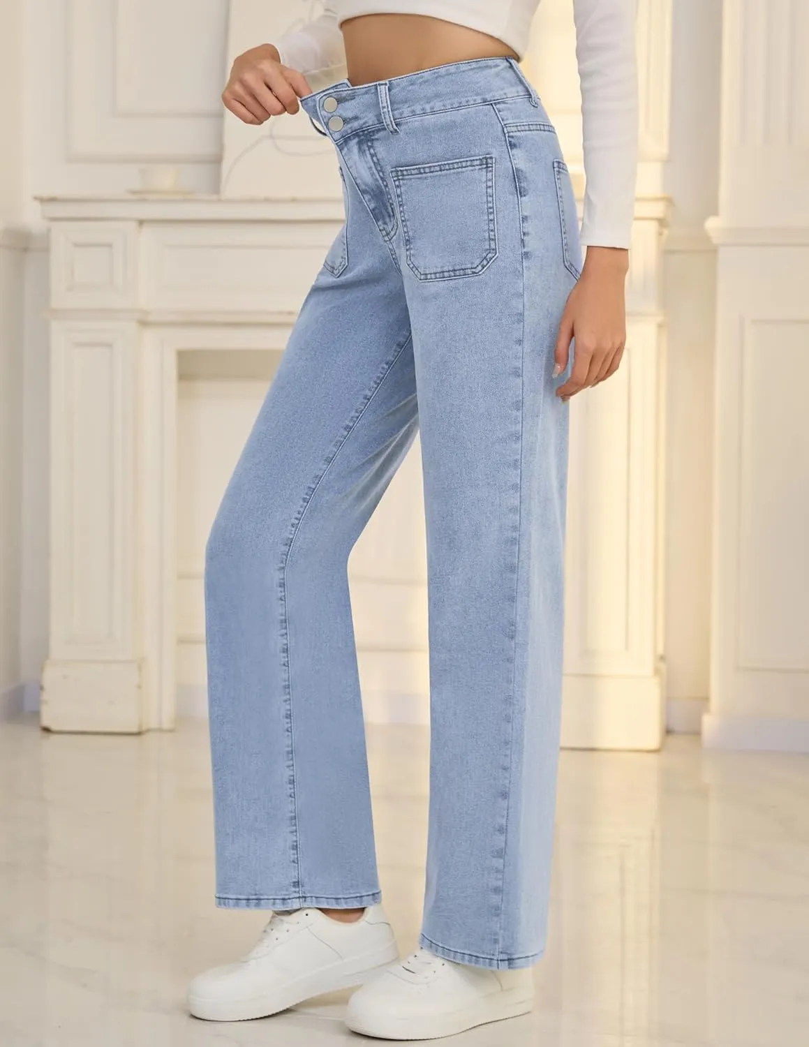 POSHGLAM Wide Leg Jeans for Women Stretchy Straight Denim Pants with 4 Patch Pockets